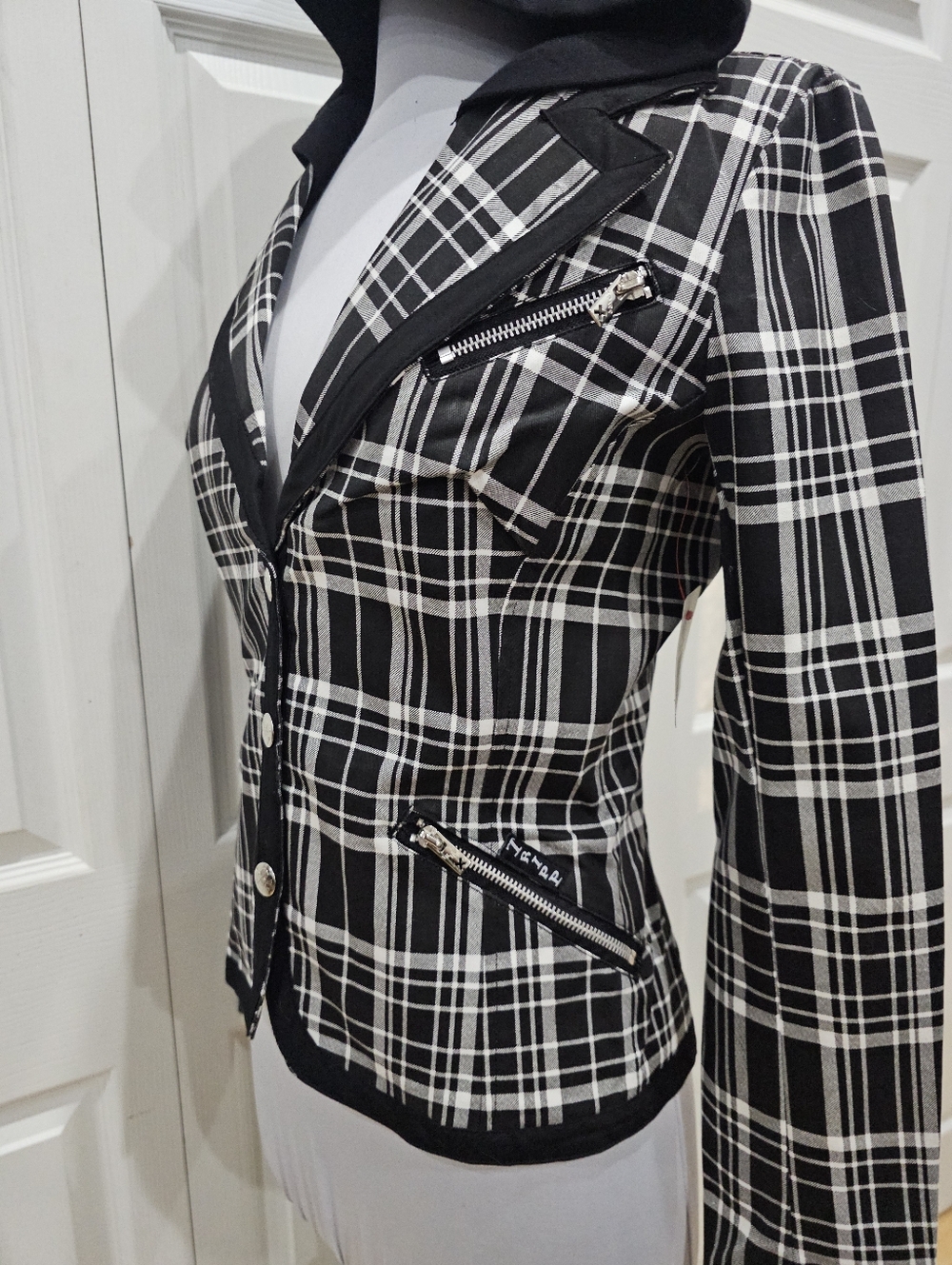Rare Vintage Punk Goth Tripp NYC Black & White Plaid Snap Blazer Jacket Coat S - Picture 2 of 12